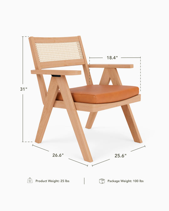 a wooden chair with a tan cushion