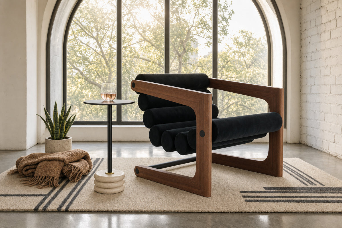 Round black-top LoDo drink table with a stacked travertine stone base and black metal stem, styled beside a walnut and black velvet tubular lounge chair in a loft with arched windows.