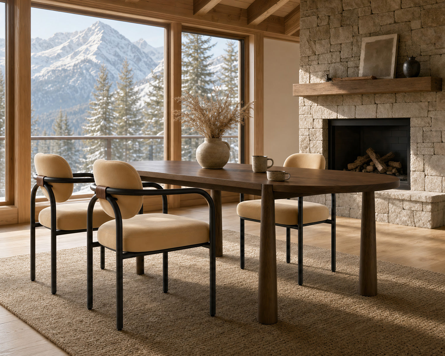 A dining set featuring a rectangular dark wood table and four matching armchairs with cream cushions and black metal frames, styled in a rustic cabin dining room with a stone fireplace and mountain views.