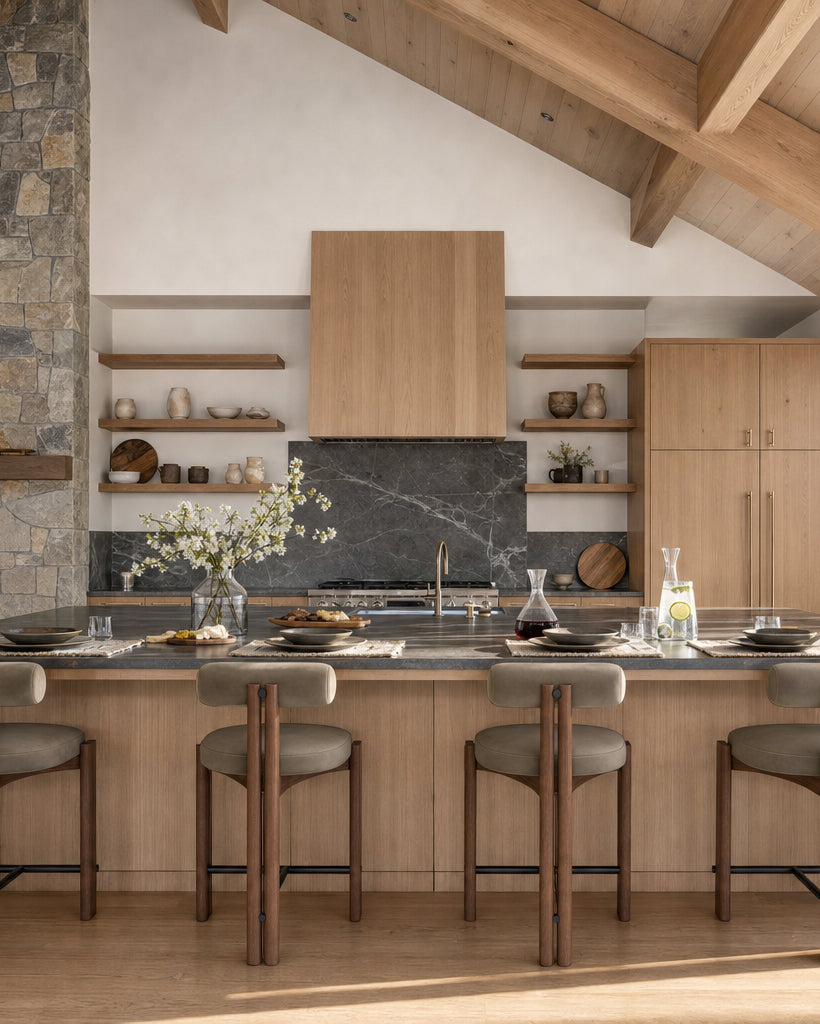 A modern rustic kitchen interior with light wood cabinetry, a dark stone backsplash, open floating shelves with decorative items, a central island with a dark countertop, and four upholstered bar stools. Exposed wooden ceiling beams and a stone wall are visible.