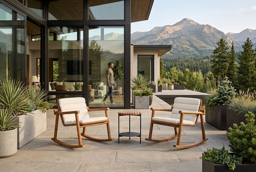 Outdoor patio with Outdoor Frisco Rockers, Outdoor Strata Side Table, and mountain view