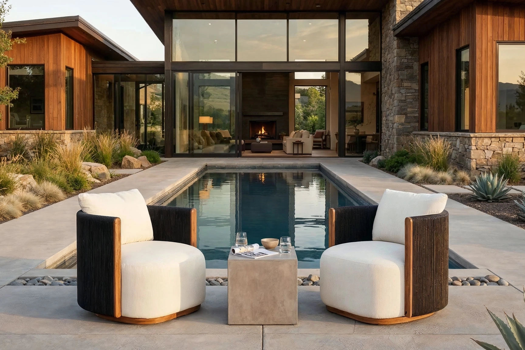 Outdoor Swivel Spruce Chairs set by a pool with a house in the background