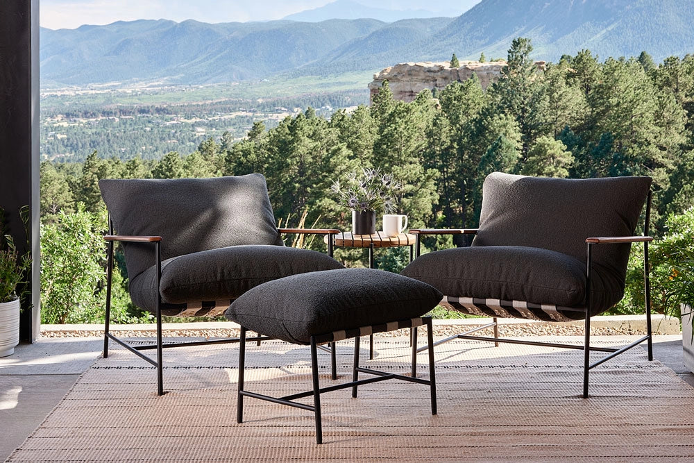 Outdoor Vail Ottoman with 2 Outdoor Vail Lounge Chairs in charcoal fabric. 