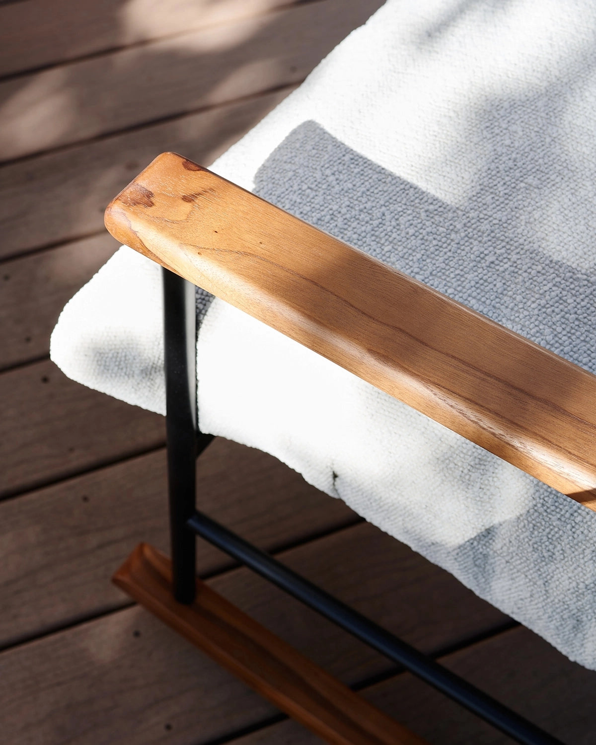 Outdoor Vail Rocker teak armcap on Dove FIQA Boucle fabrics