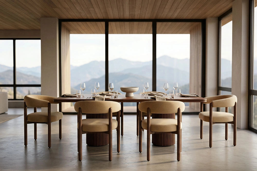 Rio Dining Table with the Rio Dining Chairs in a modern room with large windows showing mountains.