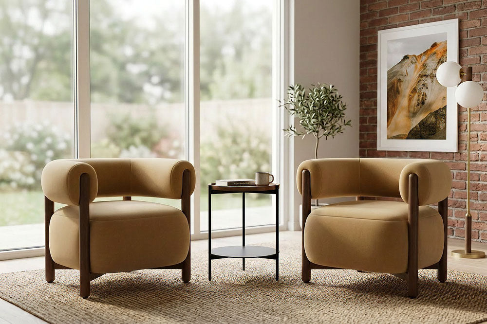 Modern living room with two Rio Lounge Chairs and the Strata Side Table
