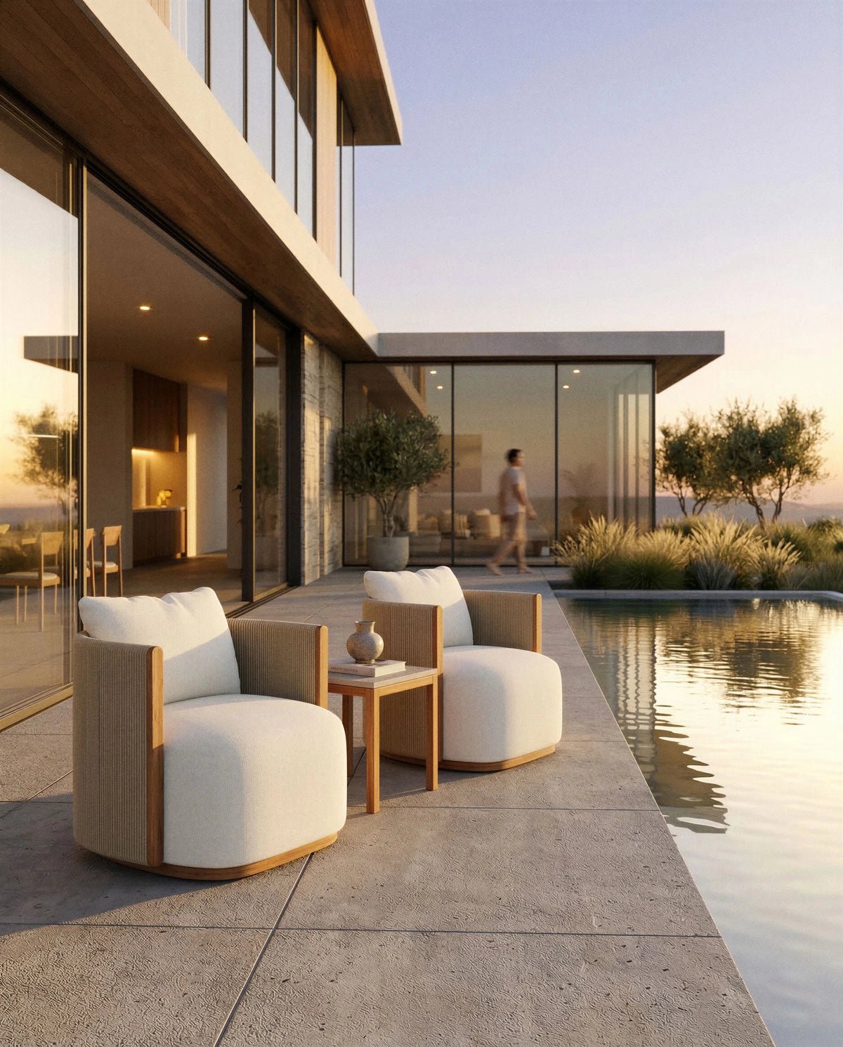 Modern Outdoor Spruce Swivel Lounge by a poolside with a house in the background