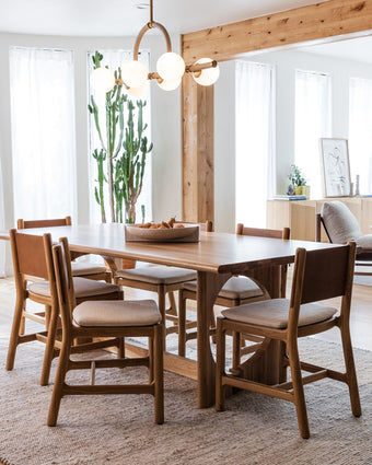 a dining table with chairs in a room with a cactus