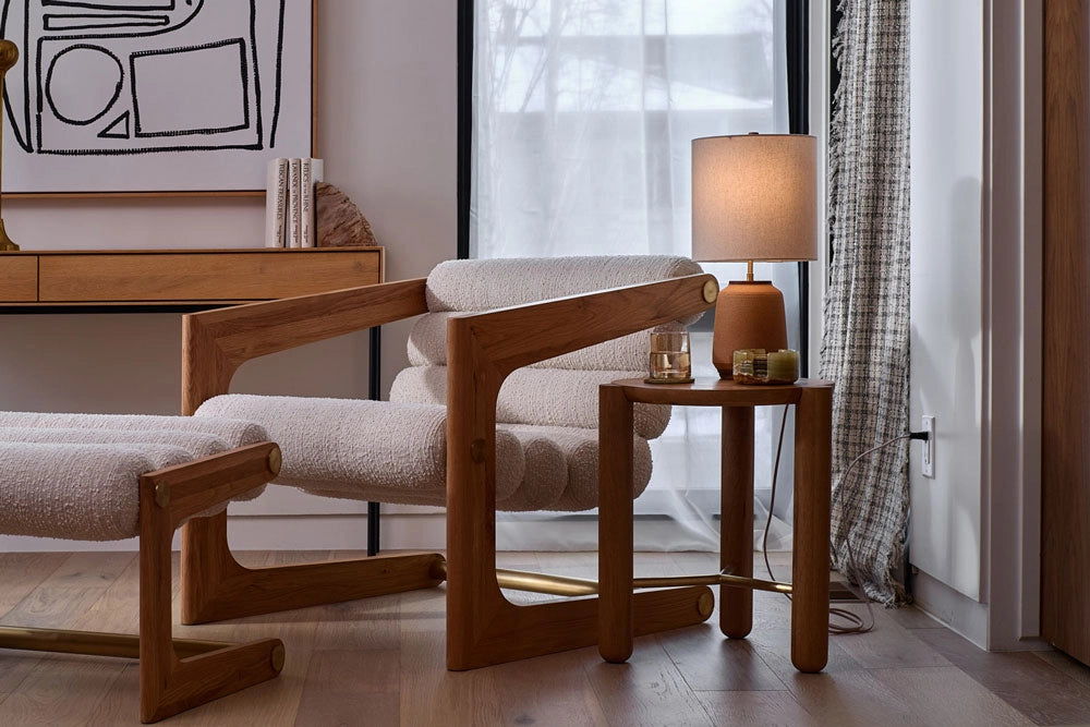 Modern living room with Durango Lounge Chair, Trio Side Table, and lamp.